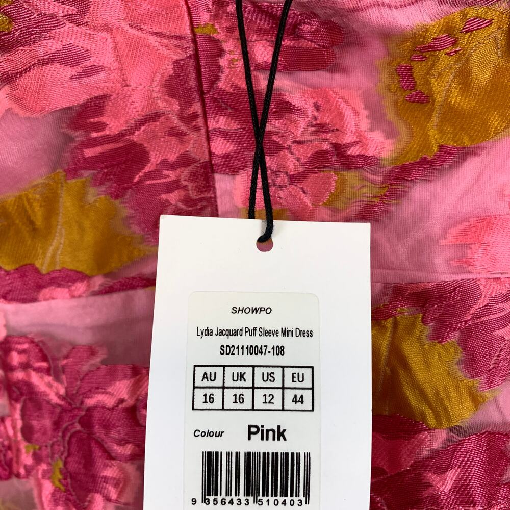 NWT Showpo. Brailey Puff Sleeve Jacquard Mini Dress Lydia Pink Size 12 - Picture 7 of 9